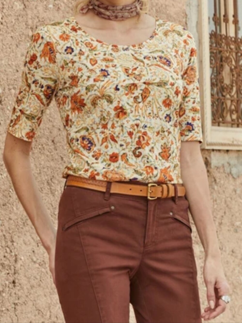 Peruvian Connection Women's Pima Cotton Fall Floral 1/2 Sleeve T-Shirt Top XL
